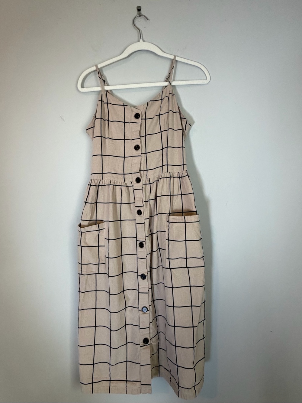 Beige Grid Button-Front Sundress with Pockets